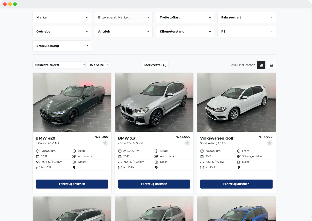Fahrzeugliste Screenshot