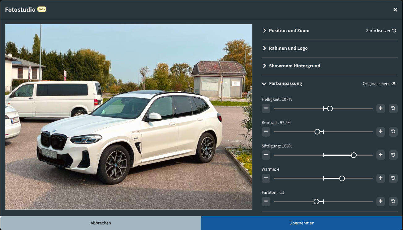 Fotostudio: Regler für Helligkeit, Kontrast, Sättigung, Wärme und Farbton