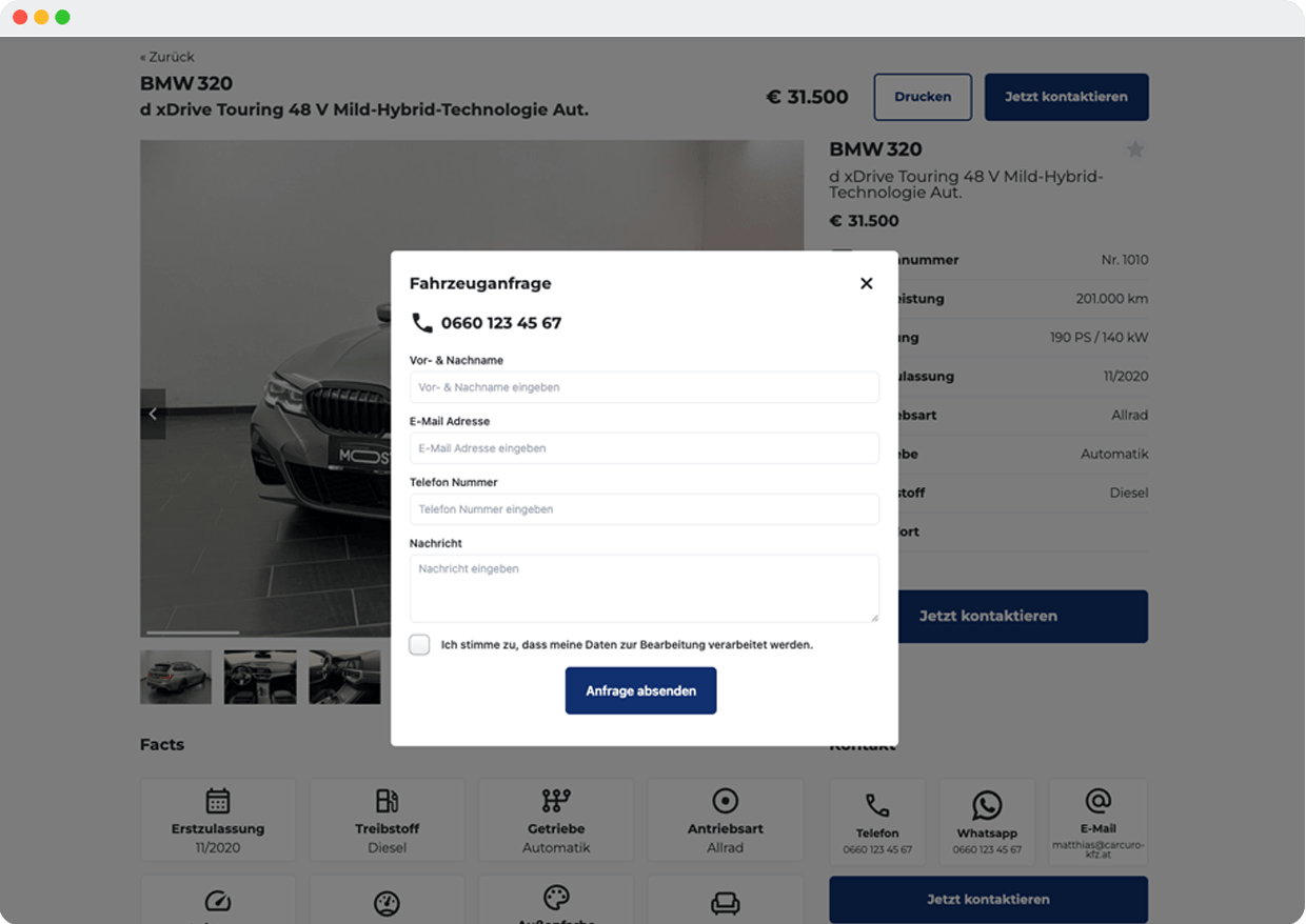 Fahrzeugbestand in Carcuro, live auf der eigenen Webseite