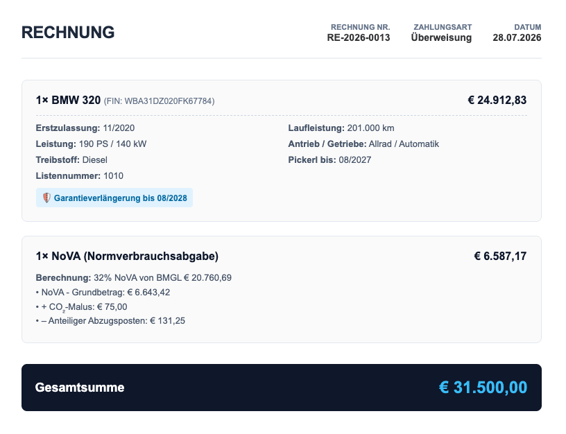 NoVA-Rechner Eingabemaske in der Carcuro Software