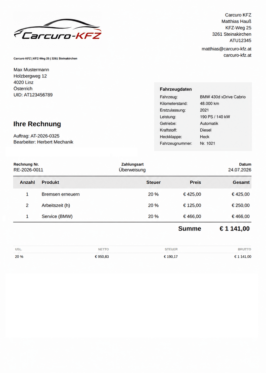 Beispiel einer Werkstattrechnung mit Positionen, Steuersätzen und Gesamtsumme