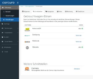 Screenshot der Schnittstellen Seite
